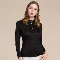 Camisas de seda auténtica para mujer, blusas de punto de manga larga, camisas grandes para mujer, blusas transpirables cómodas 8007