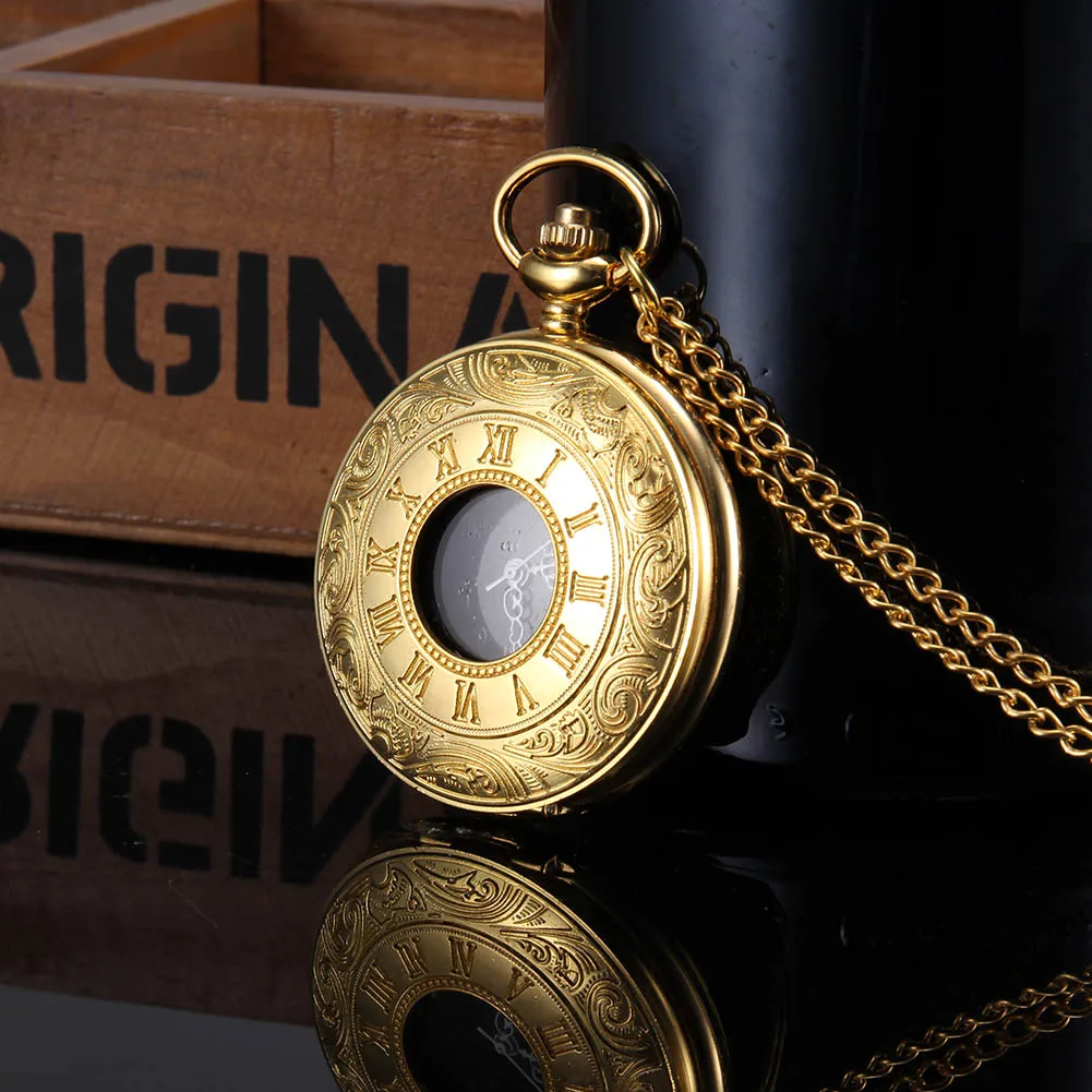 Men Women Quartz Pocket Watch Golden Rome Number Carved Case Big Dial with Chain LL@17