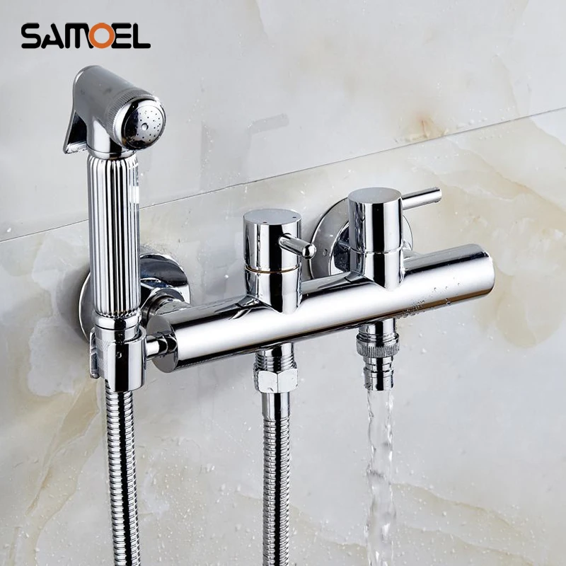 

Samoel brass shower faucet set with handheld muslin bidet chrome wall mount toilet shower spray mixer tap SF1040