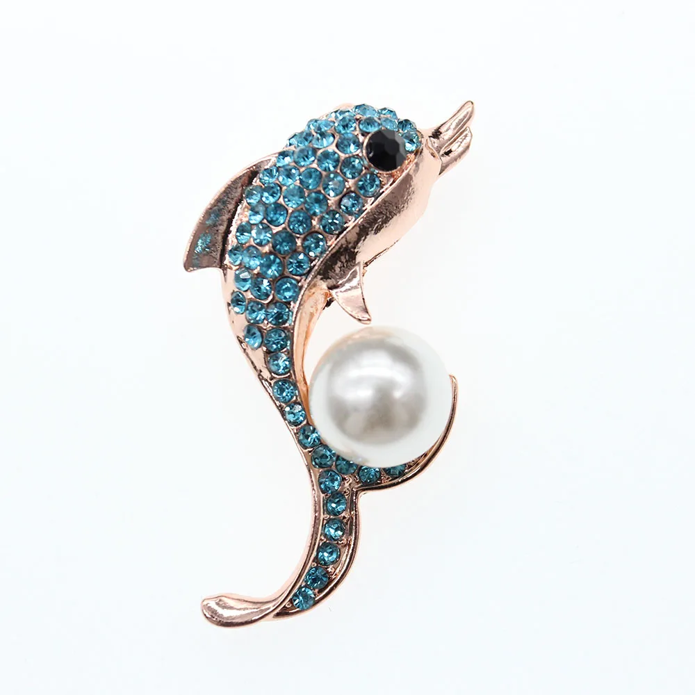 New Design Indigo Rhinestone White Pearl Dolphin Brooch Cute White Dolphin Pin For Party