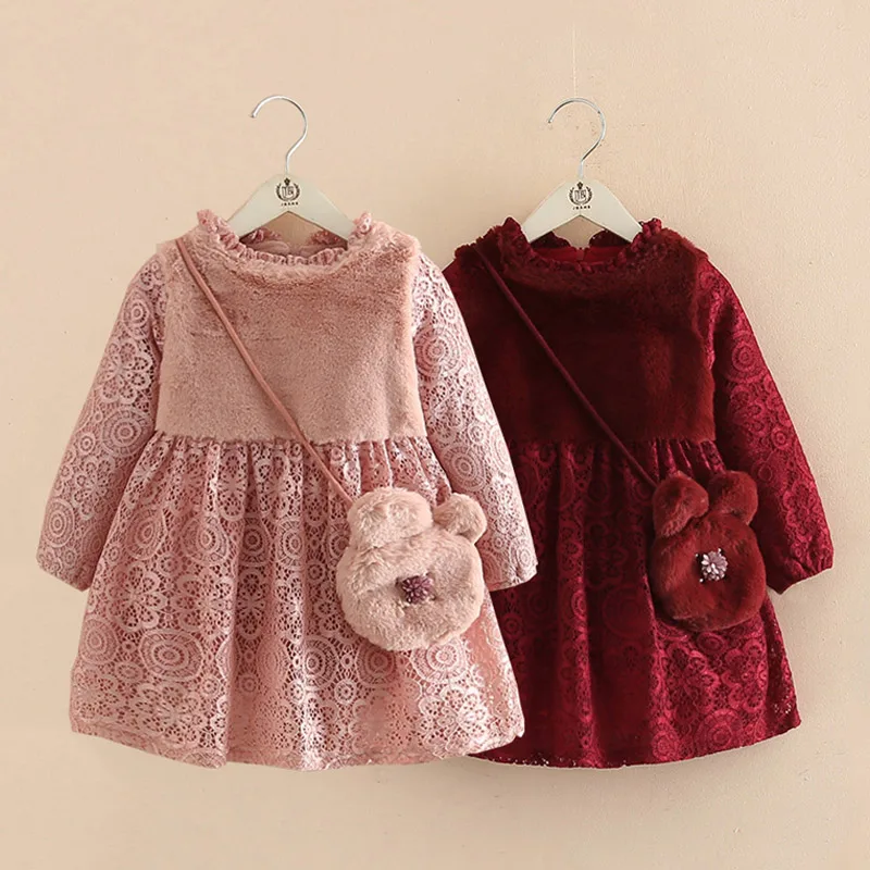 2023 Winter Warm 2 3 4 6 7 8 9 10 Years Cute Chirstmas Gift Embroidery Lace Thickening Princess Kids Baby Girls Dress With Bag