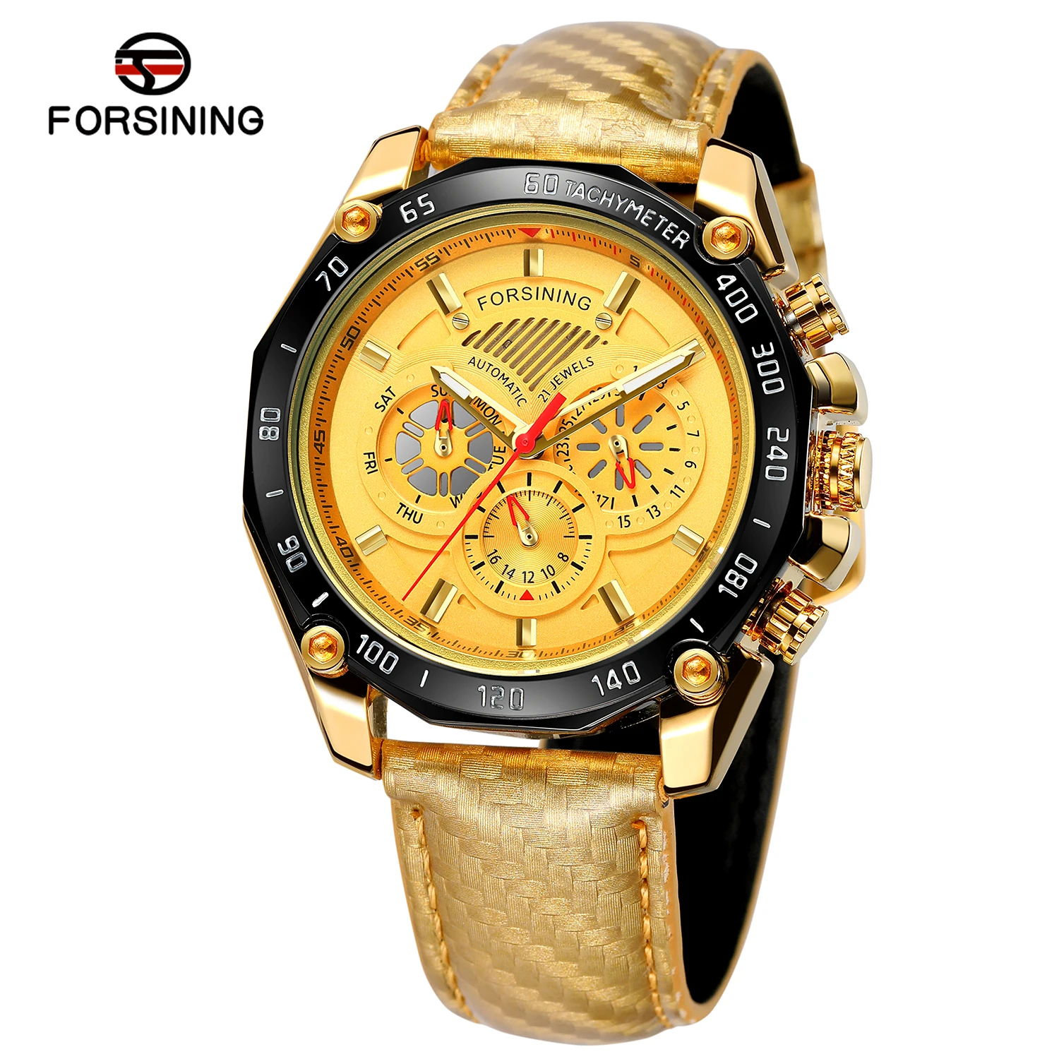 

2019 Forsining Top Brand Automatic Mens Watch Red Pointer Mechanical Date Genuine Black Leather Sport Timing Waterproof Watches