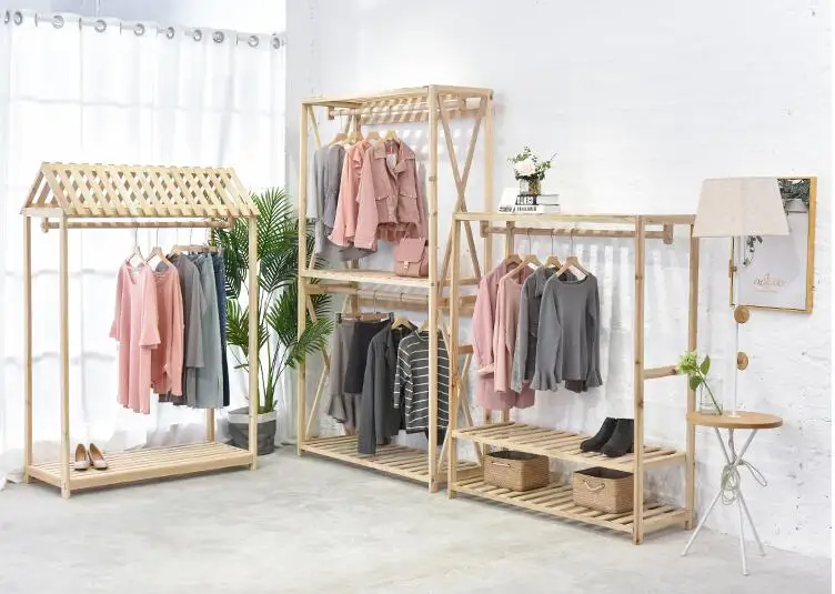 Clothing store retro women's clothes hangers, high-end shelves, solid wood landing display shelves,