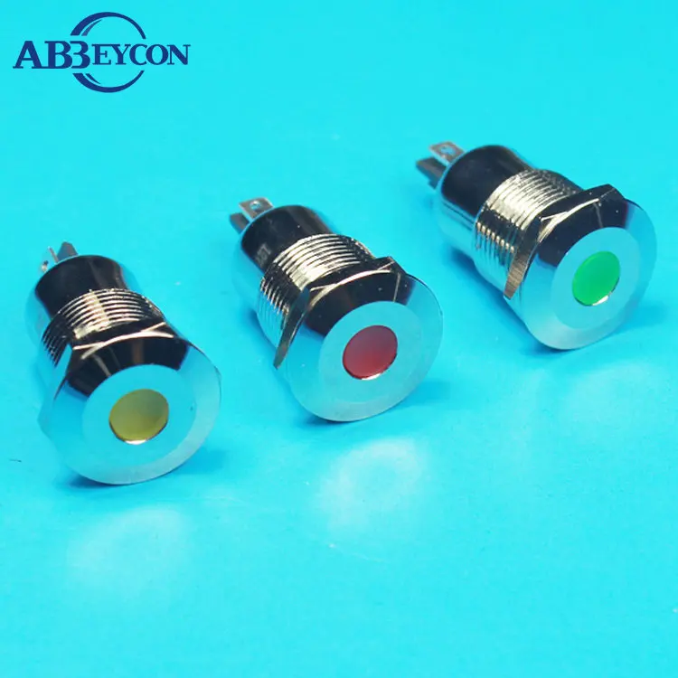 IN08 12mm Brass Nickled Indicator Lights 12V Pin Terminal Dot LED Illuminated Lamps Metal Indicator Lights