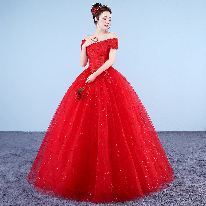 Vestidos De Novia con foto Real, cuello De barco, encaje sin hombros, rojo, romántico, Princesa, Apliques De encaje, 2020