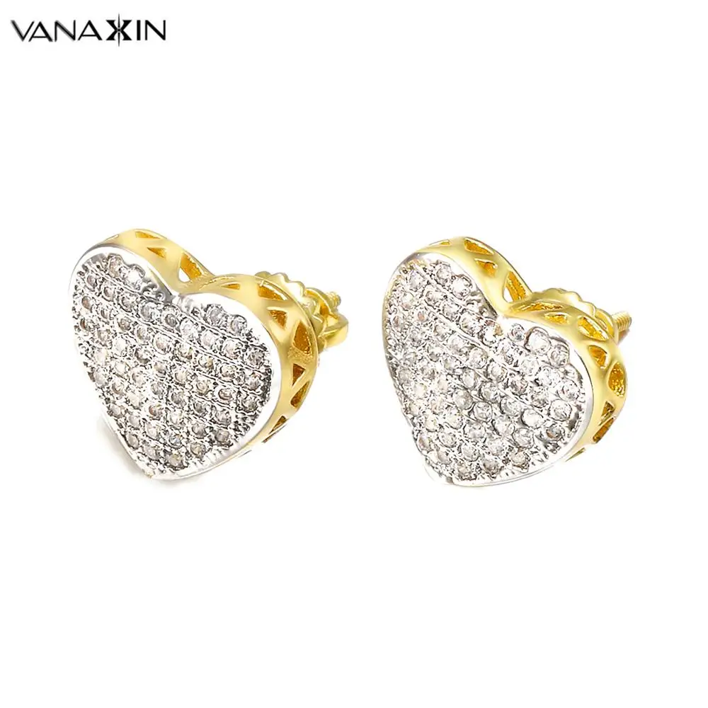 

VANAXIN Hearts Stud Earrings for Women AAA Iced Out Cubic Zirconia Stone Fashion Jewelry Gift Romantic 14k Gold Color