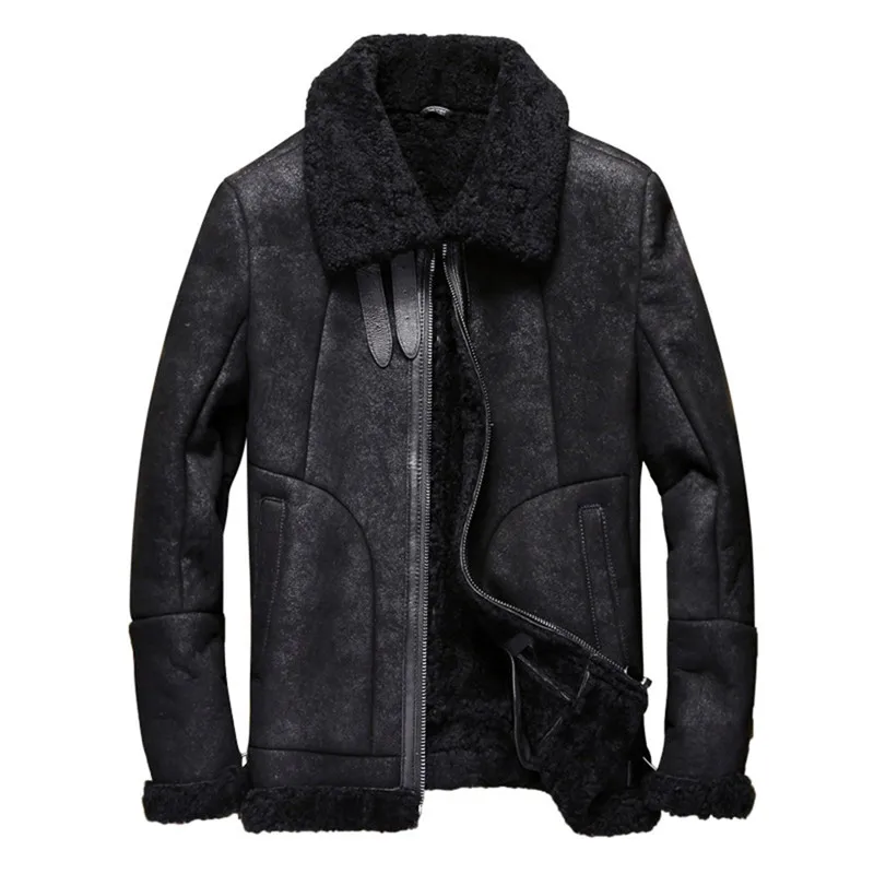 DenDenny&Dora Mens Shearling Coat Mens Fur Coat Crack Texture Pilot Sheepskin Leather Jacket Motorcycle Jacket