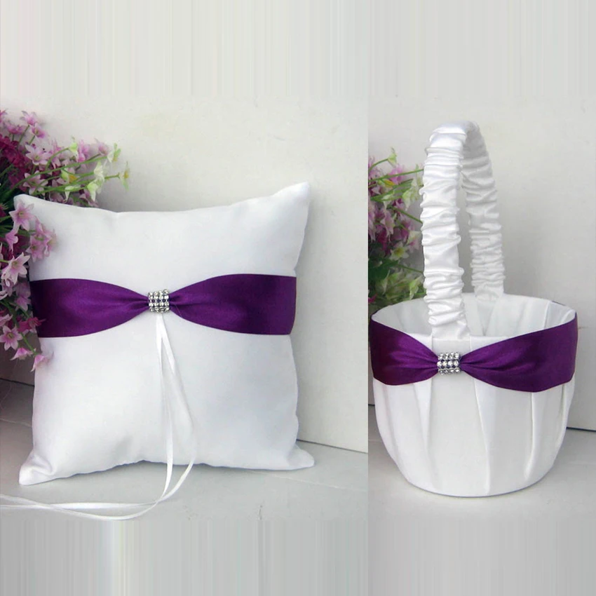 2Pcs/set Satin Wedding Party Decoration Product Ring Pillow + Flower Basket Home Decor White purple Color