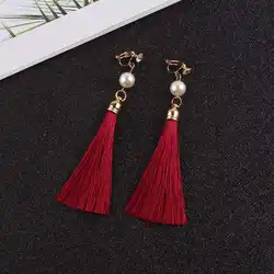 JIOFREE vintage Ethnic Fringe Tassel pearl long clip earrings Without Piercing for Women Earings Fashion Jewelry Bijoux Femme