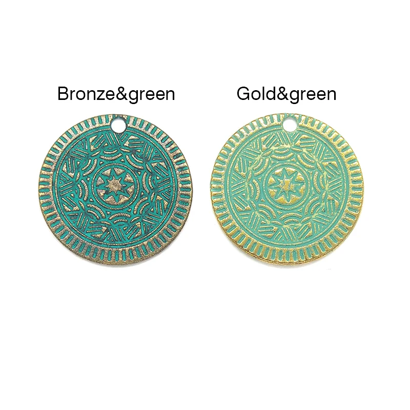 10pcs/bag 25MM Retro Patina Plated Zinc Alloy Green Round Coin Charms pendants For DIY Jewelry Accessories PJ015