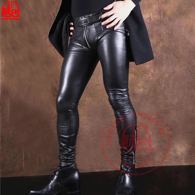 

Sexy Men Thick Punk Elastic Tight Trousers Zipper Front Jeans Shiny Pencil Pants Glossy Stage Pencil Pants Gay Wear F92
