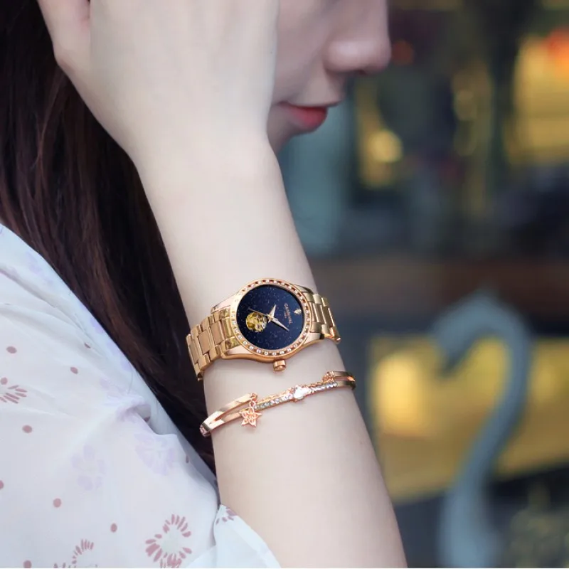 Fashion Skeleton Watch Women 2019 CARNIVAL Mechanical Watch Waterproof Calendar Sapphire Luminous Full Steel Women Watches Gold