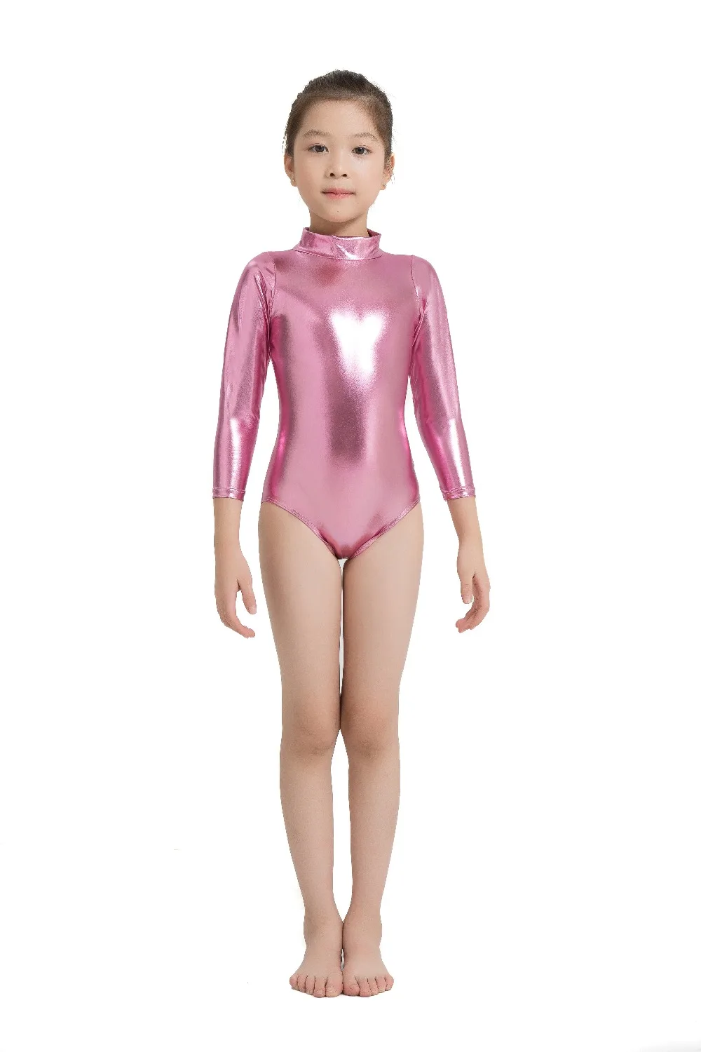 Speerise-leotardo de gimnasia brillante con cuello alto para niños, trajes de baile de Ballet, leotardo de manga larga con cremallera, camiseta sin mangas metálica