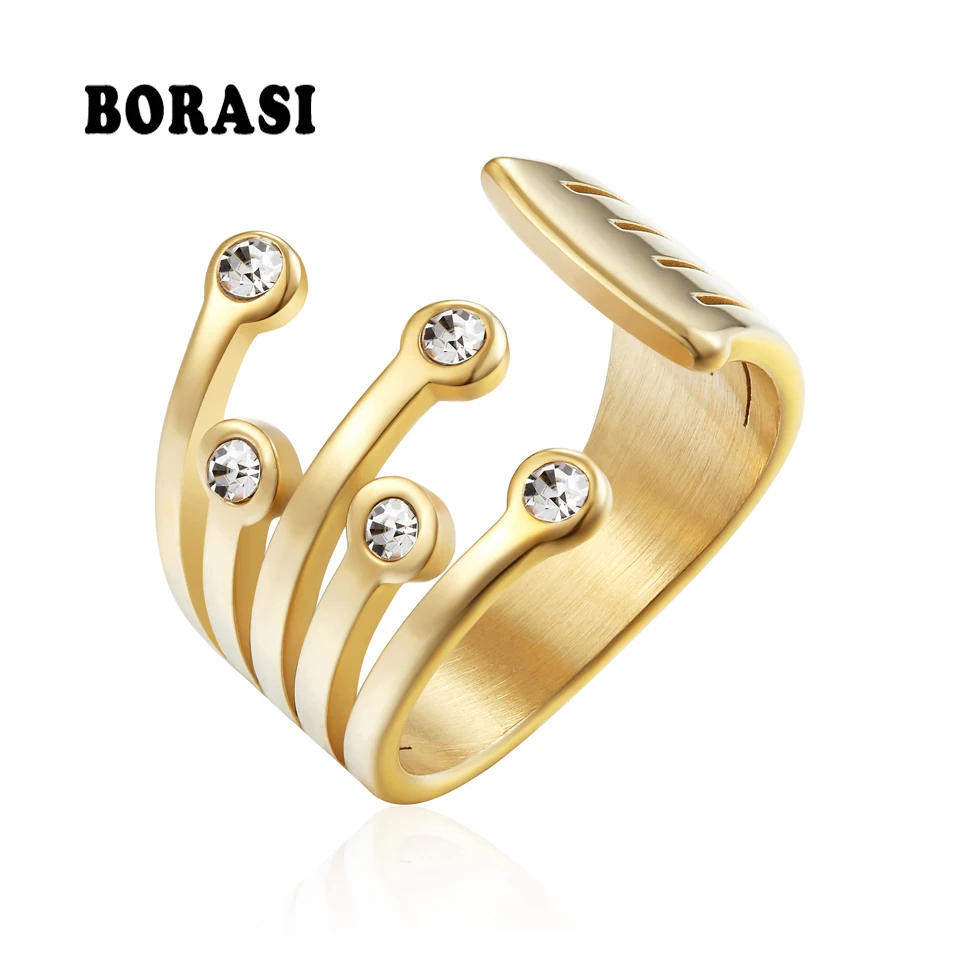 BORASI New Stainless Steel Rings For Women Classic Style Ring Cubic Zirconia Gold Color Fashion Jewelry Party Gift Wedding Band