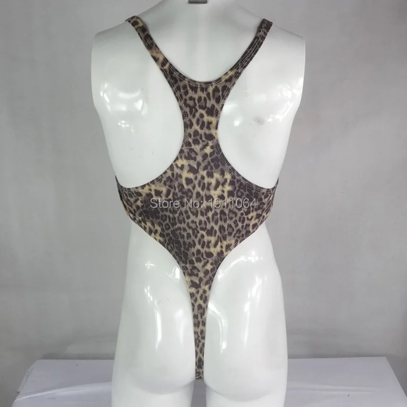 Mens Thong Bodysuit Stretchy High Cut Racer Back Leopard print velvet G428CD