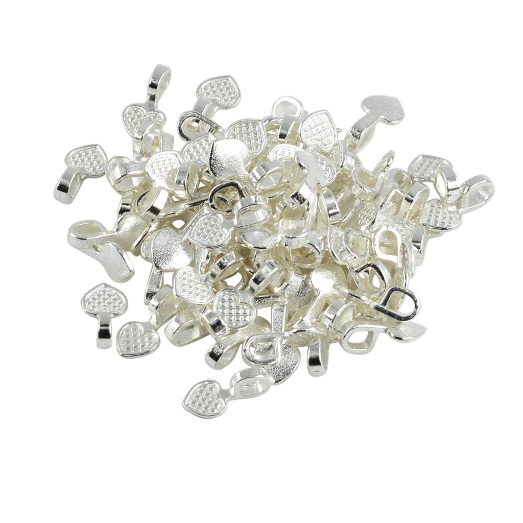 100 Pieces Shiny  White Plated Heart Glue on Bails Setting For Necklaces Earring Pendant Jewelry Design Jewelry Making