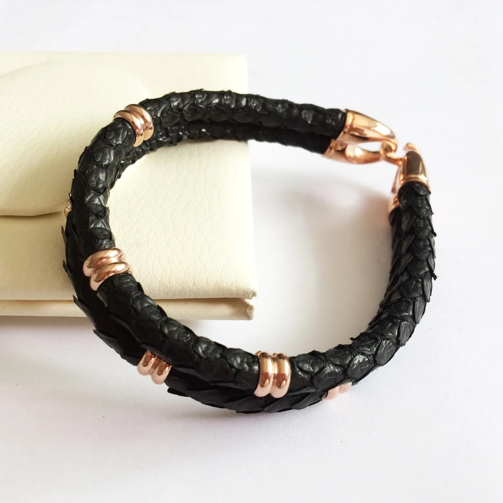 Mens Black Python Skin Leather Bracelets Real Python Skin Leather With Steel Buckle Bracelet With Beads Bracelet