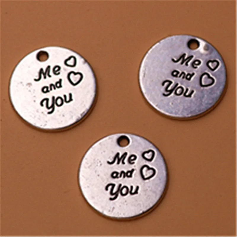 6pcs Silver Color me and you charm round tablets alloy pendants metal bracelet earrings DIY handmade jewelry accessories A1084