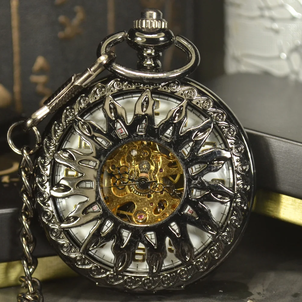 Luxury Skeleton Black Retro Antique Skeleton Mechanical Pocket Watch Men Chain Necklace Business Pocket & Fob Watches