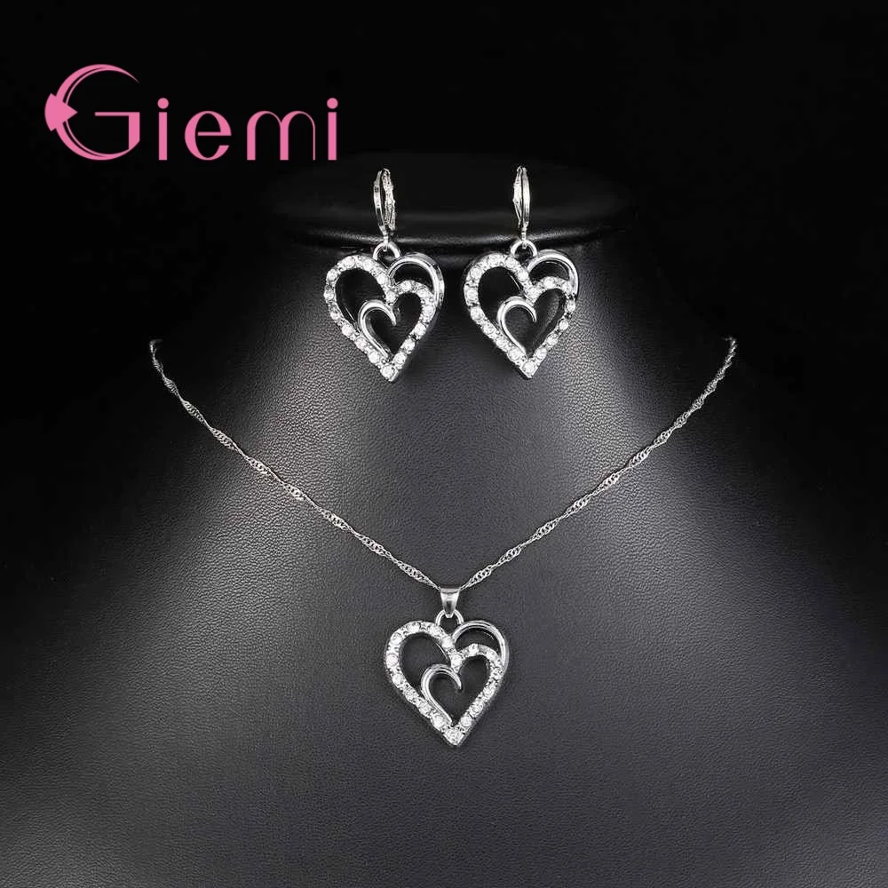 Sweet Romantic Love Shape Crystal Stone Necklace Earrings 925 Sterling Silver Cubic Zirconia for Women Birthday Gift