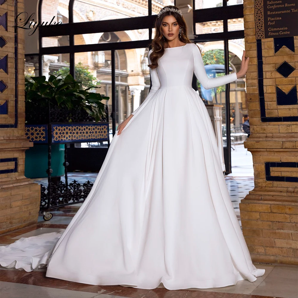 

Liyuke Scoop Neckline Of Elegant Satin A Line Wedding Dress With Slip Side Of Full Sleeve Count Train Wedding Gown