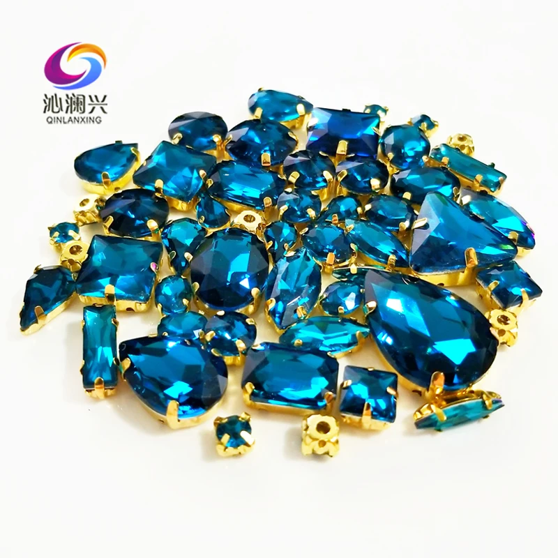 Mix 58Pcs Top Crystal Glass Rhinestones, Golden Bottom Peacock Blue Sewing Stones For Needlework, DIY Odzież Akcesoria