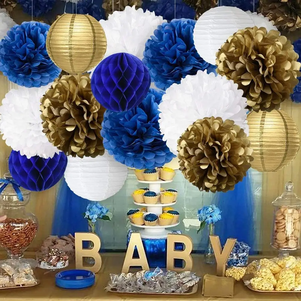 15pcs/set Navy Blue White Gold Party Paper Flower Tissue Paper Pom Poms Paper Lantern Ball for Baby Shower Reveal Decorations