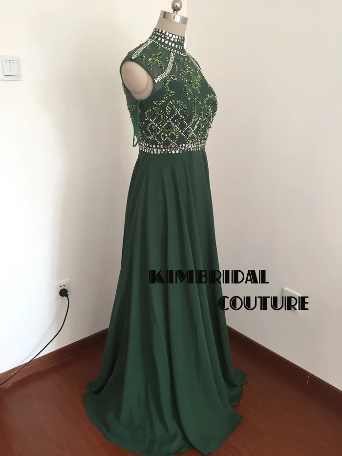 Imagen real Vestidos de Noche Vestidos largo hasta el suelo cuello alto adornos de cristal con lentejuelas Gasa verde una línea Prom imagen real del vestido