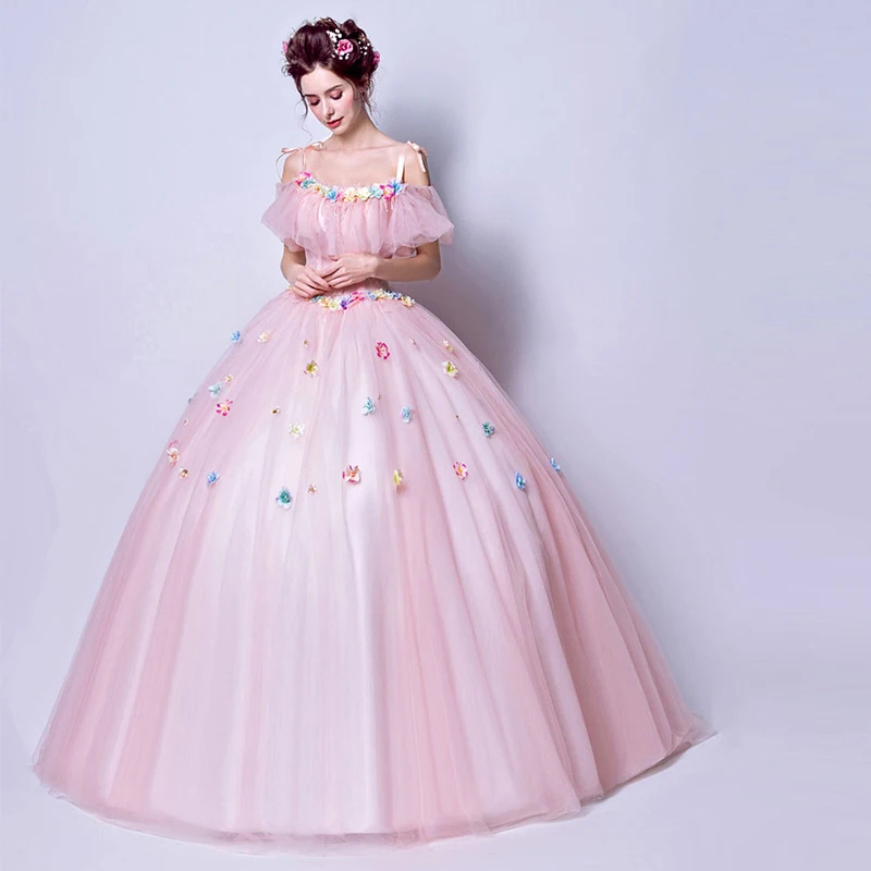 Vestido de quinceañera rosa, hombros descubiertos, tirantes finos, hecho a mano, flores hinchadas, vestidos de baile, tren de barrido, vestidos de quinceañera