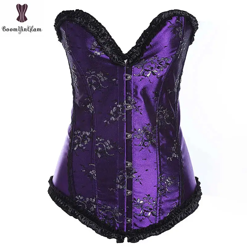 

Jacquard Floral Corset Overbust Korset Lace Trimmer Gothic Gorset Fish Boned Waist Slimming Bustier Front Busk Sexy Outfit Korse