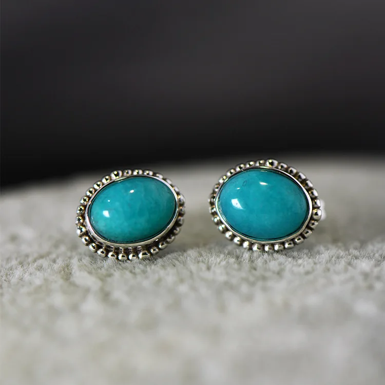 Silver Inlaid Amazonite Stud Earrings Twisting Point  Elliptical Stud Earrings Contracted Female Unique Craft Jewelry