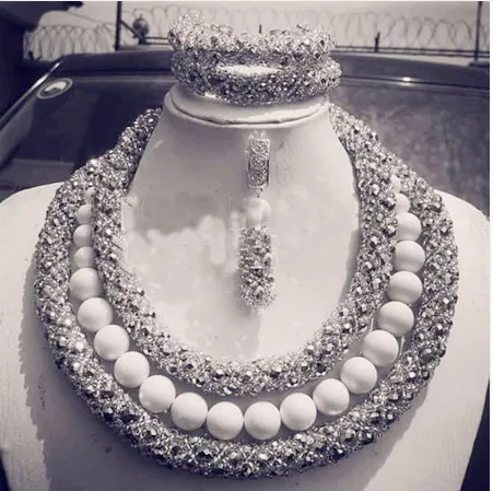 Brides Indian Silver African Fashion Jewelry Sets Wedding Beads Jewelry Accessory for Arabic Party Necklace Free Shipping ABH485