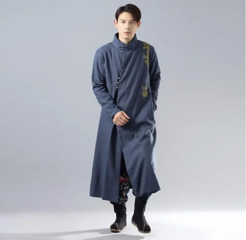 Spring winter men's cotton ramie chenille Long robe silver buckle gold embroidered Large lammy Linen Cotton chinese long gown