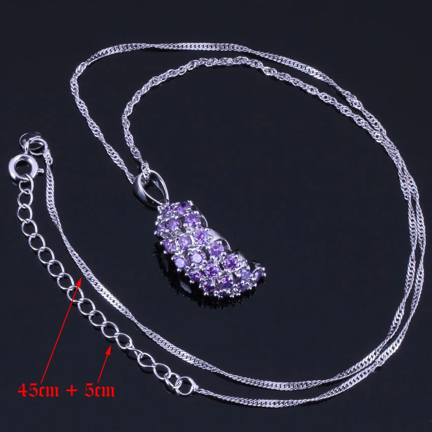 Captivating Purple Cubic Zirconia Silver Plated Jewelry Sets Earrings Pendant Chain Ring V0308