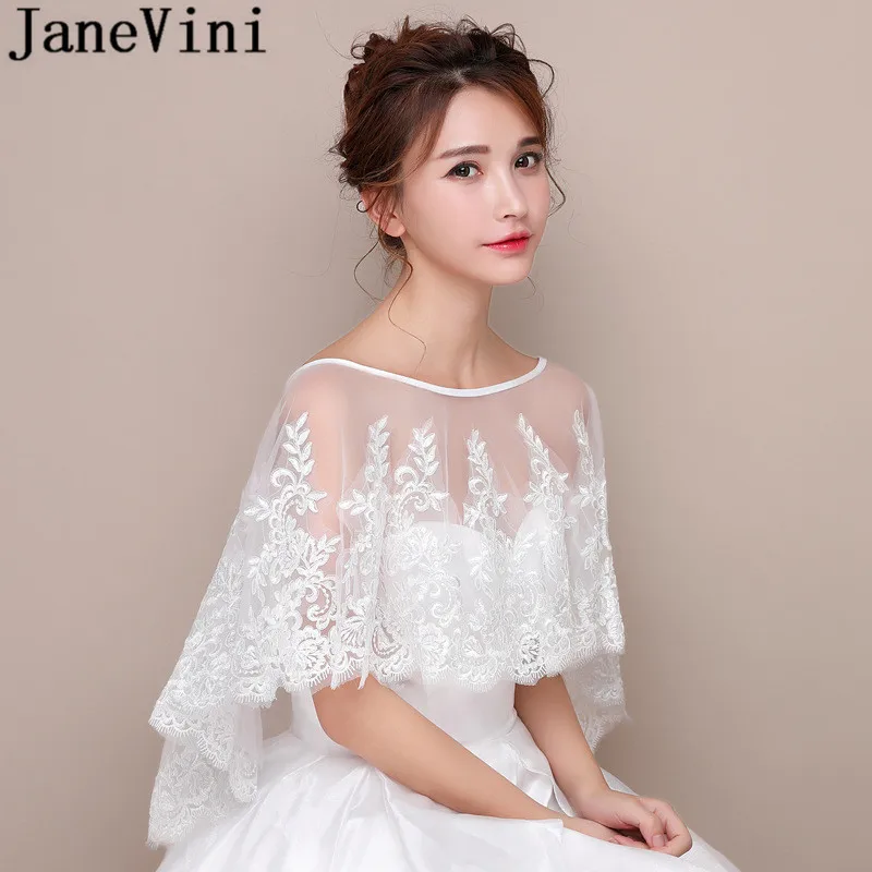 JaneVini Elegant Lace Bride Bolero Appliques Women Shawl Wedding Bridal Cape See Through Tulle Female Stoles Wrap Shrug Cover Up