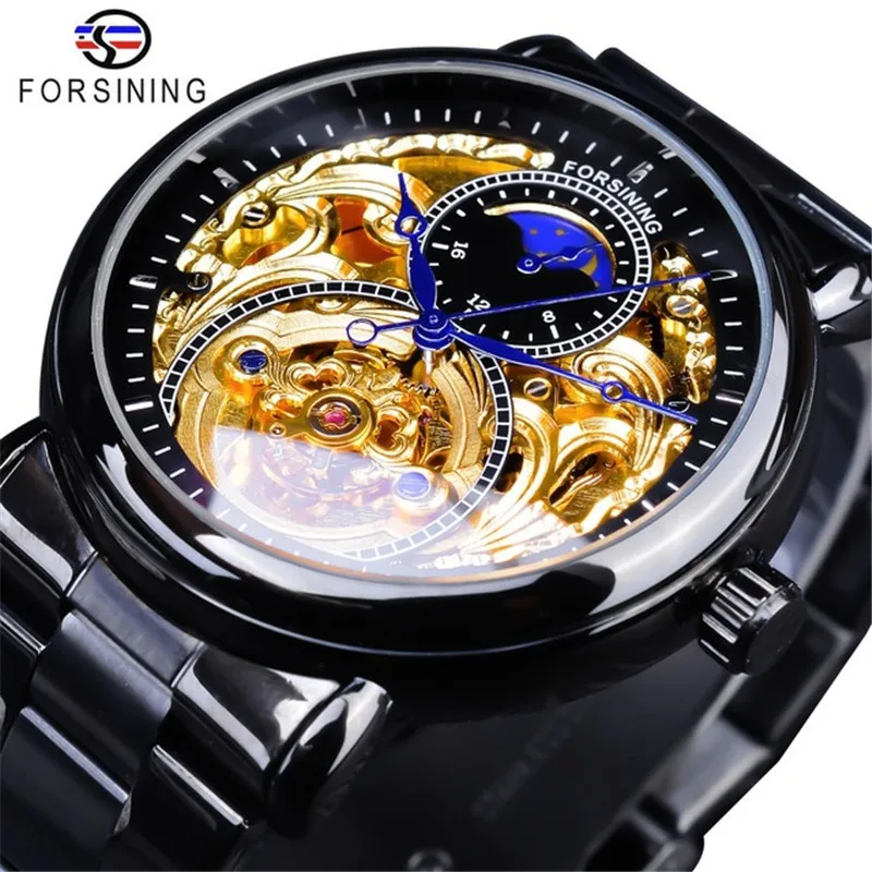 Forsining Brand Luxury Skeleton Automatic Mechanical Watch Men Full Golden Steel & Leather Man Business Sun Moon Display Clock