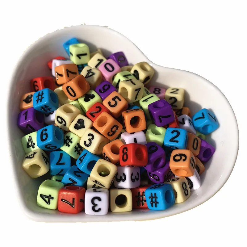 

Free Shipping 2600pcs 6*6MM Cube Square Plastic Number Beads DIY Jewelry Findings Mixed 0-9 Logo # Hearts Beads DIY Spacer Beads