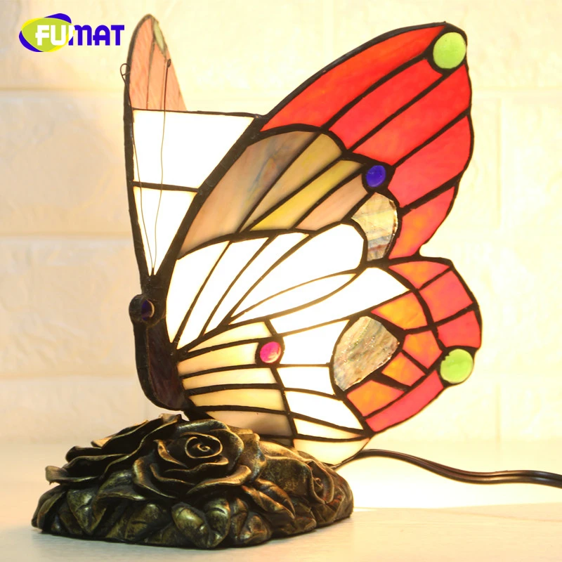 FUMAT Butterfly Night Light Tiffany Glass Butterfly Lights For Living Room Bedside Lamps Home Deco Warm Nursing Night Lamps