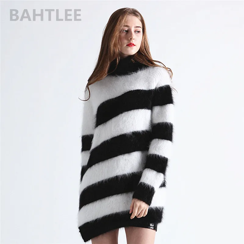 BAHTLEE-Women\'s Angora Wool Turtleneck Sweater, Mink Cashmere Loose Pullovers, Stripe, Keep Warm, Autumn, Winter