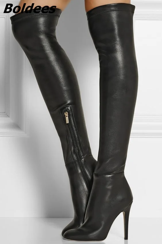 Women Chic Black PU Leather Stiletto Heel Knee High Boots Simply Design Sexy Black Side Half Zip Long Boots Hot Selling Shoes