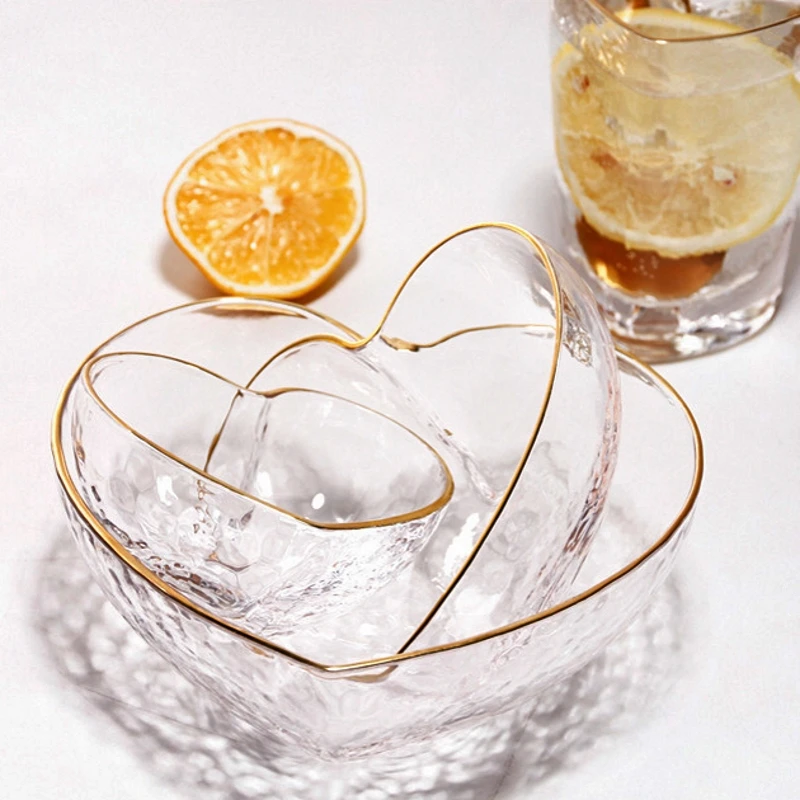 Heart Shape Bowls and Cup Set, Clear Glass, Food, Salad, Oats, Fruit, Dessert, Snack, Water, Milk, Tea Cup, Japanese Style