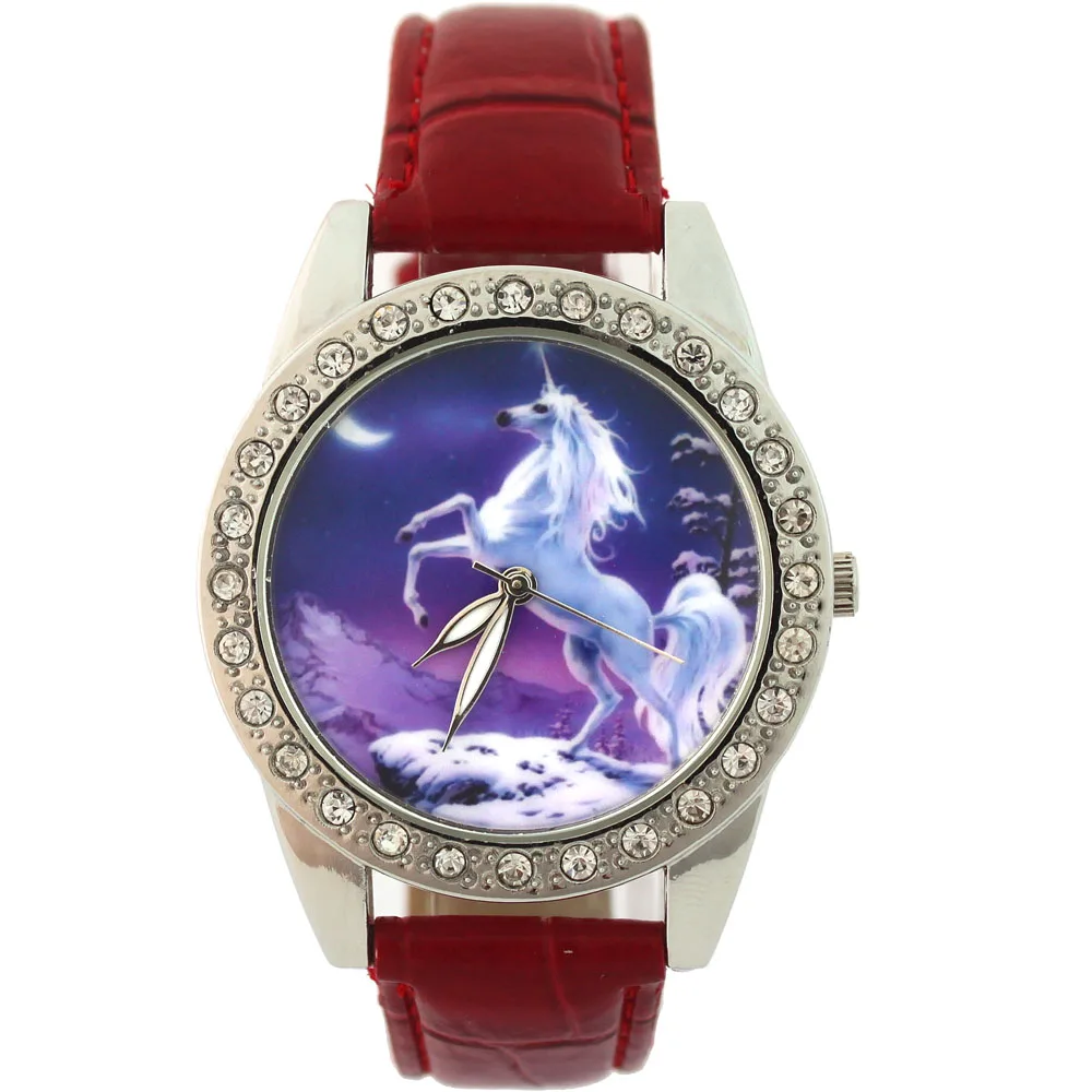 Lucky White Horse Girls Watch Cartoons Animal Women's Watch Analog Quartz Crystal Diamonds Leather Student Wristwatch Gifts L36B