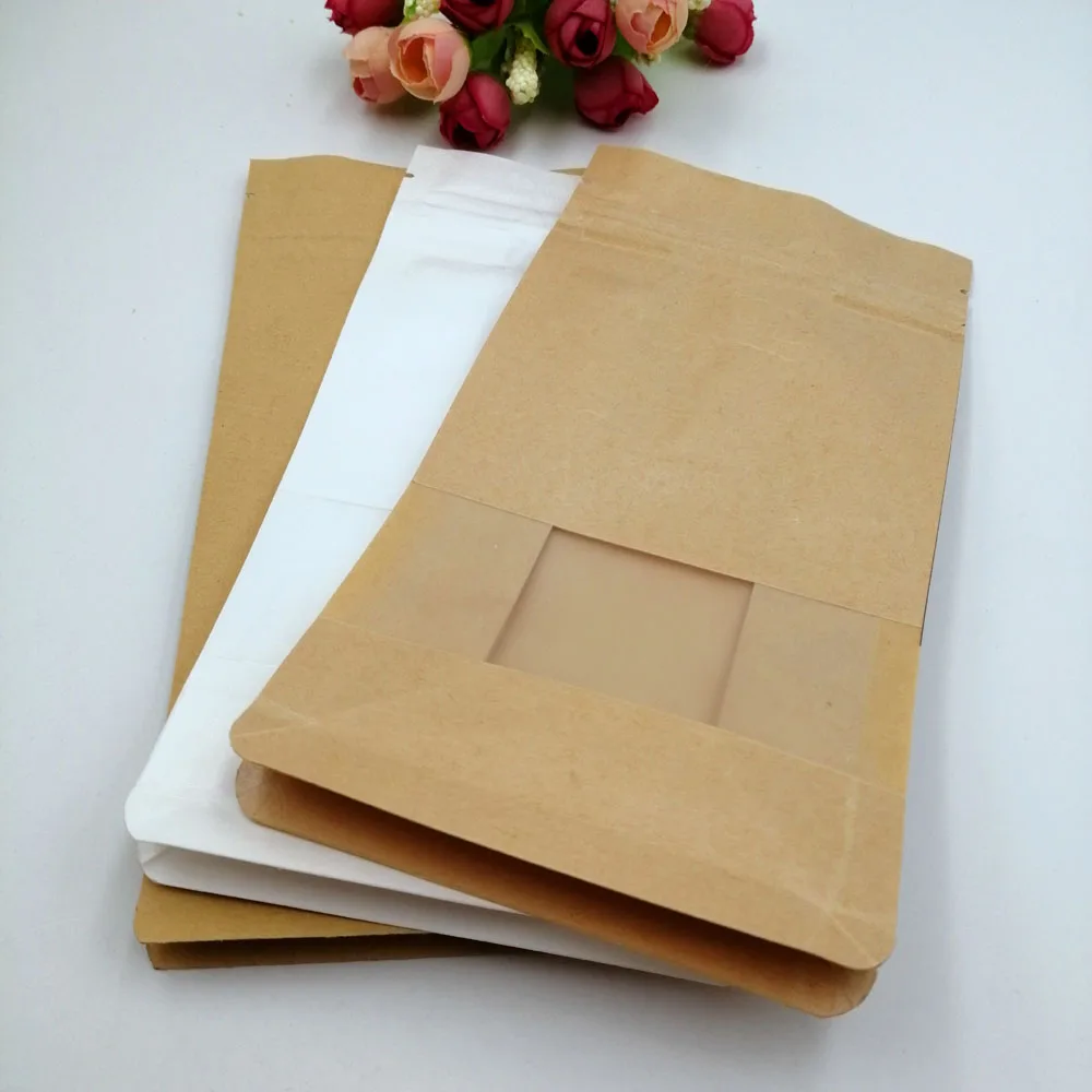 18x28x8cm 50pcs White/Brown Kraft Paper Bag For Gifts Christmas Food Tea Candy Zip Lock Kraft Paper Bag With Window Stand Pouch