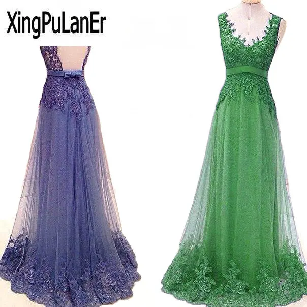 XingPuLanEr robe de soiree una línea cuello redondo Apliques de encaje con cuentas espalda abierta largo Formal vestidos de fiesta mujeres vestidos de noche