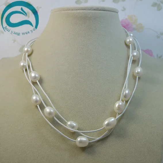 Real Leather Pearl Necklace Natural White Color 3rows AA 10-11MM Freshwater Pearl White Leather Necklace Woman Fine Jewelry