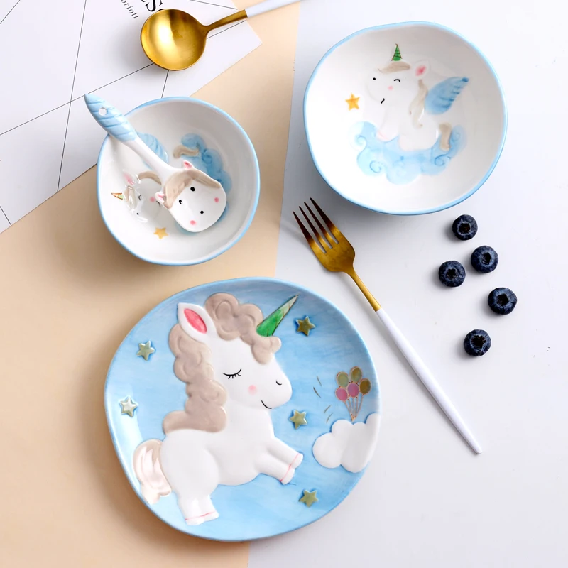 Set of Cartoon Animal Dinnerware Ceramic Dinner Plate Rice Bowl Salad Ramen Bowl with Spoon for Kids Unicorn Gift Box