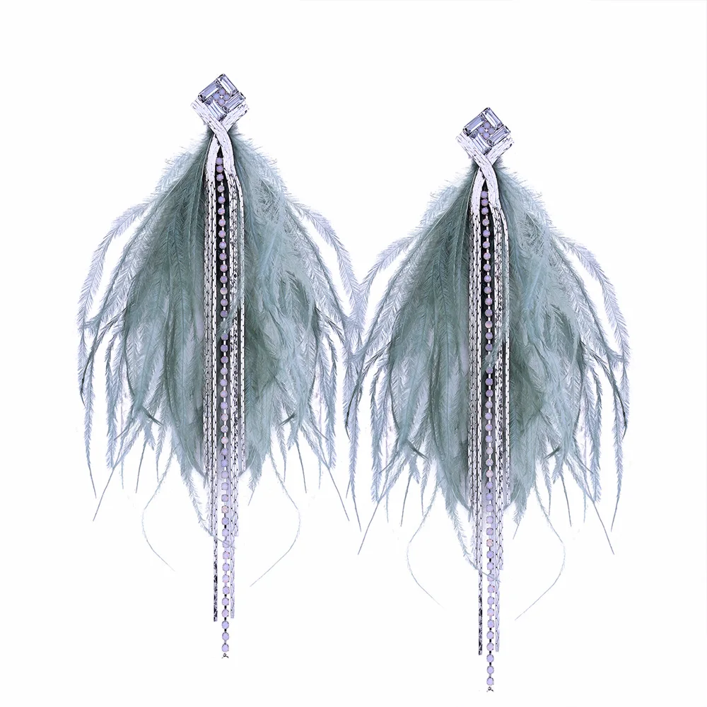 FNQUFUJ  Long Feather Earring for Women Big Statement Earrings tassel rhinestone drop Earrings dangle earing Ethnic Jewelry