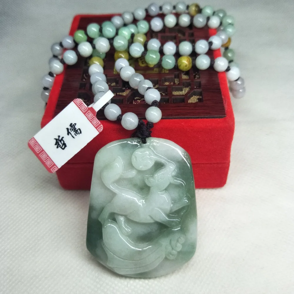 Zheru Jewelry Pure Natural Jadeite Light Green Good Luck Dog Pendant Three-Color Jadeite Jade Bead Necklace A Class A Certificat