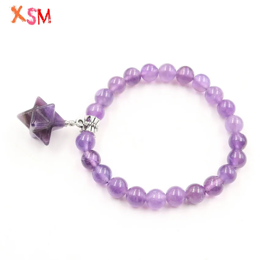 8mm Ronde Kralen Merkaba Armbanden Natuurlijke Amethisten Rock Crystal Elastische Armbanden Reiki Charms Handgemaakte Sieraden voor Vrouwen 1 Pcs