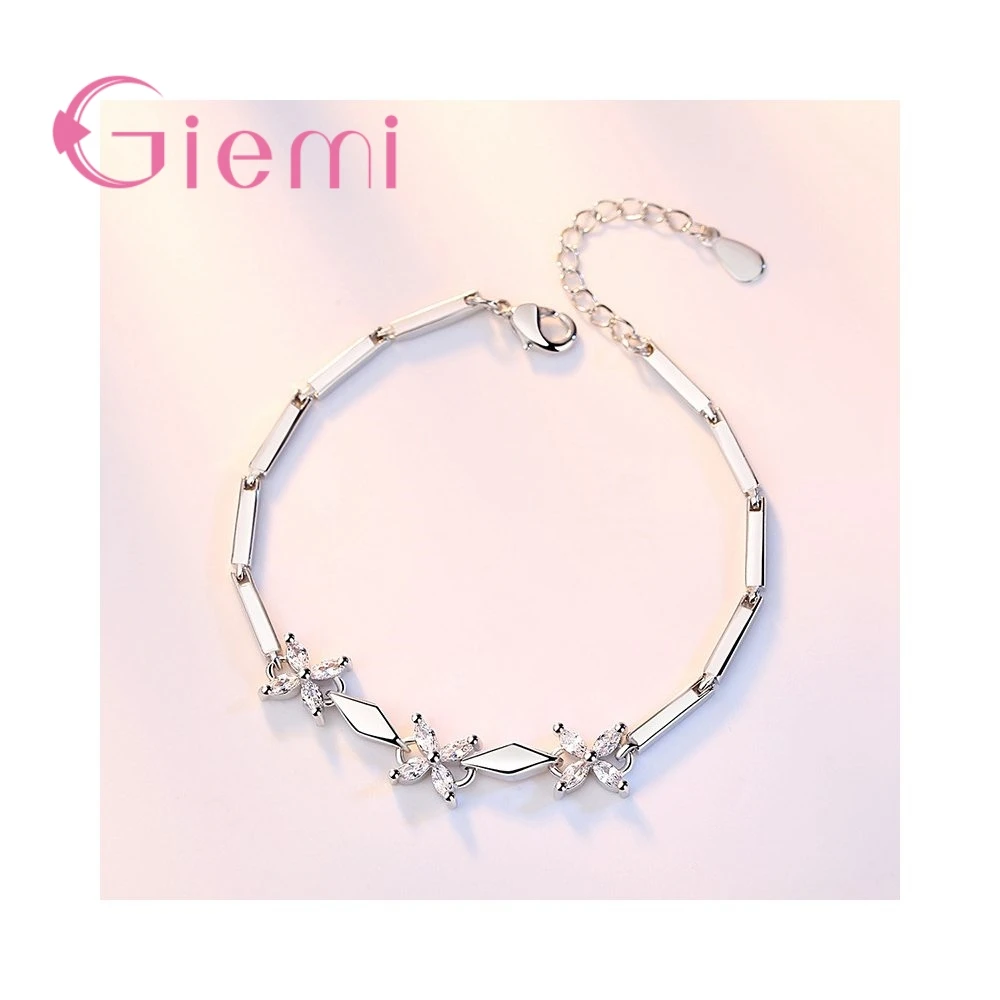 Women Girls Present Bracelets Beautiful Flowers Composition Classic Lovely 925 Silver Needle Clear Crystal Cubic Zircon